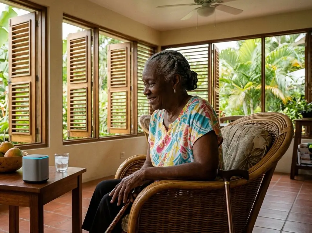 An older woman in a rattan chair in a sunlit Puerto Rican sunroom, smiling toward a small smart speaker on a side table beside a bowl of mangoes.