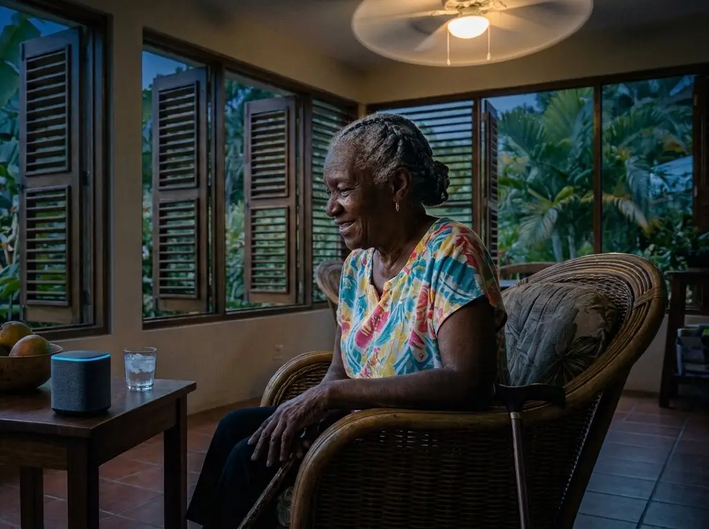 The same sunroom at dusk. The ceiling fan light is on and the woman smiles toward the small smart speaker on the side table.